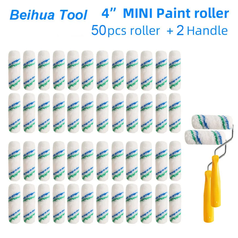

52pcs/set 4inch Paint roller brush 50PCS and 2handle Mini Roller for Wall Painting Handle Tools Paint Brush Corner Painting Tool