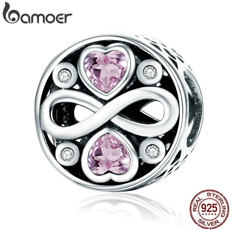 

Authentic 100% 925 Sterling Silver Infinity Love Pink Heart Crystal Beads Fit Charm Bracelets Fine Jewelry S925 SCC240