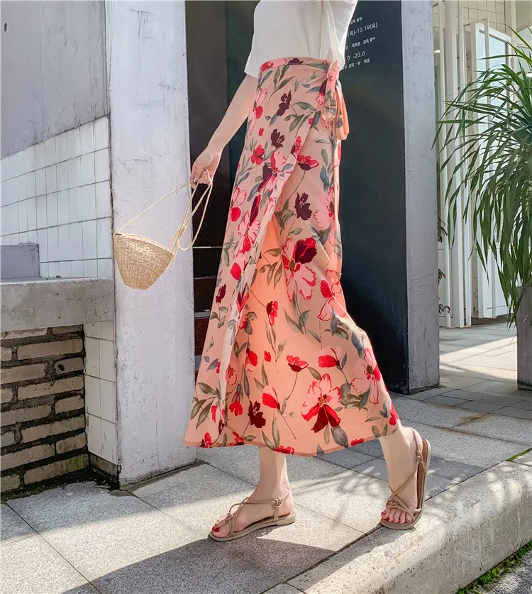 

Women Wrap Chiffon Skirt Summer Beach Sunny Holiday Flower Printed Boho Saia Longa Faldas High Waist Sexy Split Skirts