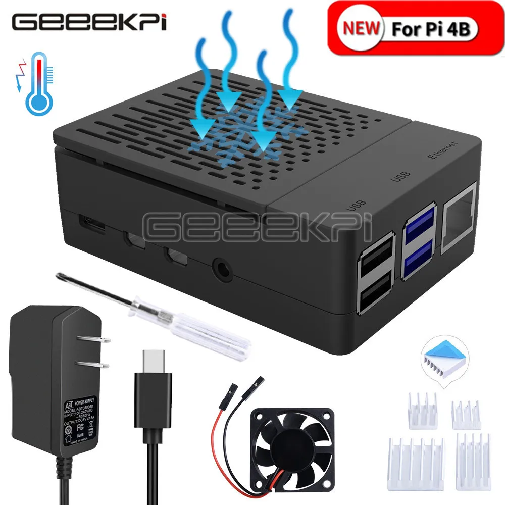 

New! GeeekPi ABS Black / White / Clear Case Cover Enclosure Shell Box + Heatsinks + Cooling Fan for Raspberry Pi 4B Pi 4 Model B