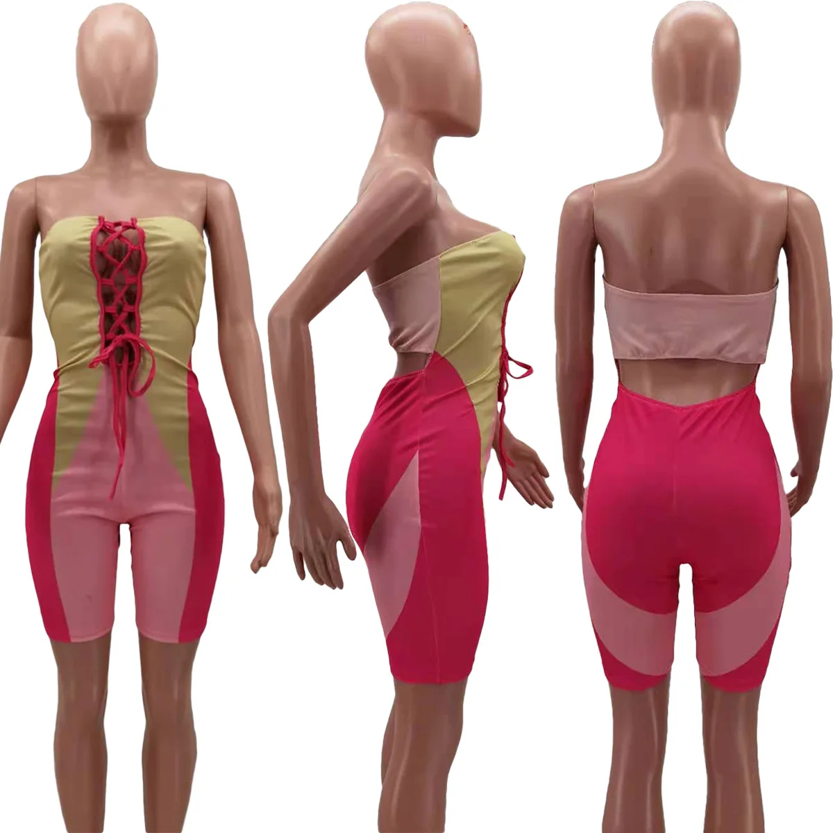 

HAOOHU Patchwork Bodycon Playsuit Bandage Hollow One Piece Club Outfits Women Summer Clothes Sexy Off Shoulder Shorts Rompers