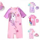 Купальник детский для девочек, слитный купальный костюм розового цвета с коротким рукавом и УФ-защитой, одежда для плавания, пляжная одежда