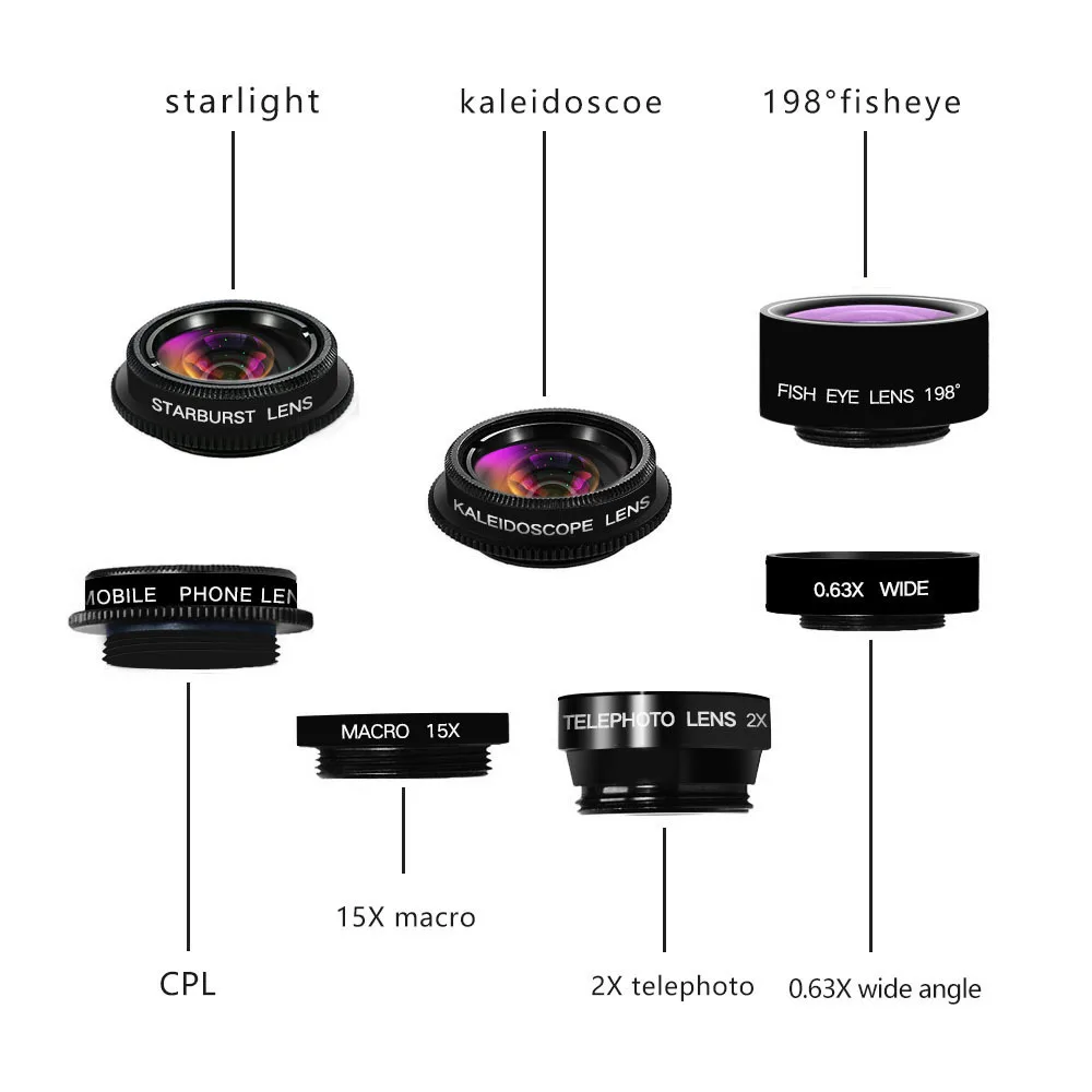10 in 1 Phone Lens Kit Fisheye lens super Wide Angle macro CPL Filter Kaleidoscope and telescope for smartphone | Мобильные телефоны