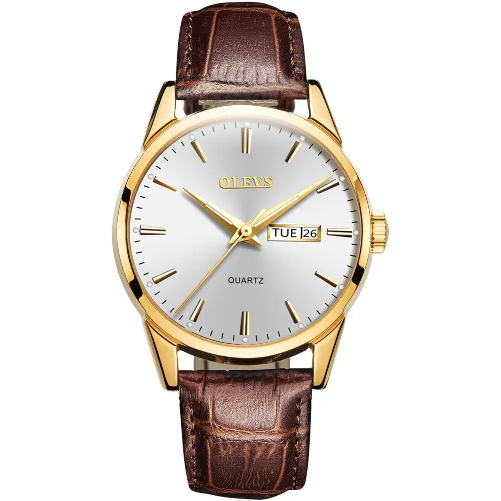 - Men - Brown White OLEVS Простые Модные женские часы relojes mujer кожа день с датой часы женские светящиеся руки водонепроницаемые Wist часы - Цвет: - Men - Brown White