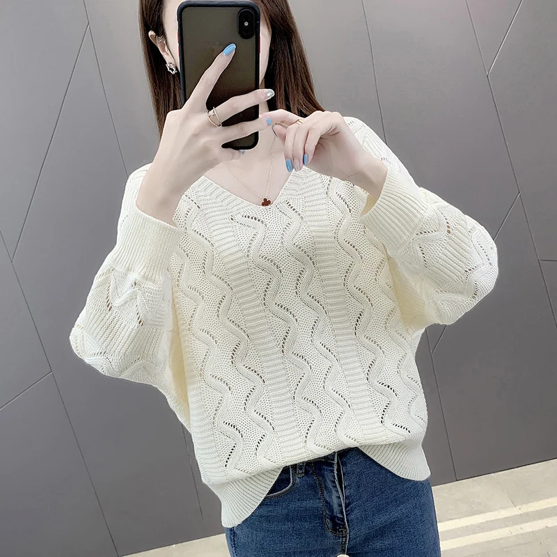 

Spring Hollow Bat Solid Color Knitting Sweater Short Women 2021 New Korean Fashion Loose V-Neck Pullover Sweaters Female A739