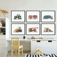 construction vehicle truck child poster toy car wall art canvas transportation print nursery watercolor painting nordic boy room