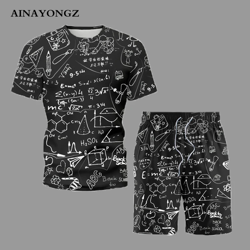 Trend Summer Blouses Men's Sets Math Formula Doodle Printed Half Sleeve T-shirt With Shorts Suit 2022 Student Fashion Clothes