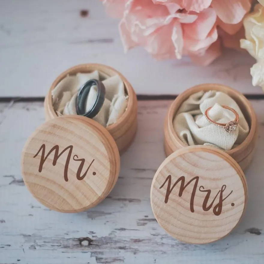 2pcs/set mr mrs Rustic Wedding Ring Box Wooden Ring Bearer Box Ring Holder Vintage Country Travel Wedding Decoration