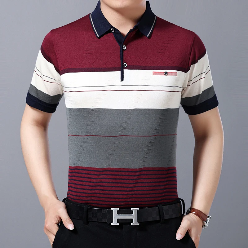 Трикотажная рубашка в полоску с коротким рукавом на лето 2020 мужские модные