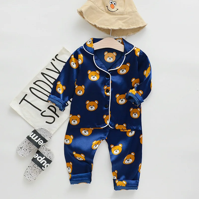 Розовый Fashion boutique little bear kids summer fall pajamas ice silk baby girl boys set - Цвет: Розовый