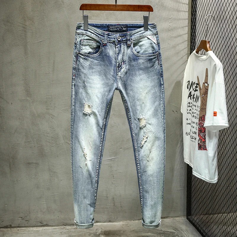 

Fashion Mens Jeans Retro Design Slim Fit Denim Ripped Jeans Mens Pants Brand Clothing Nostalgia Color Biker Small feet jeans