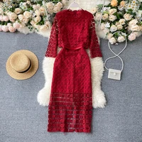 sexy half sleeve lace patchwork straight full dress elegant ol work party bodycon pencil dress lady hollow out simple midi dress