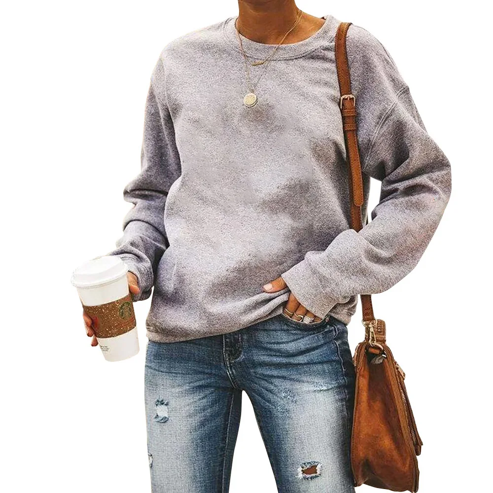 

Women's clean face solid round neck long sleeve Pullover