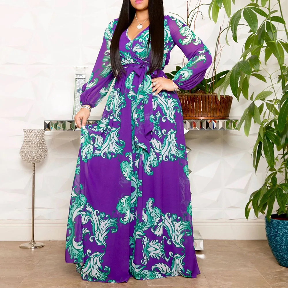 Женское длинное шифоновое платье в африканском стиле разноцветное пол с поясом