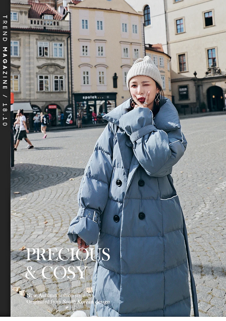 Hong Kong Style Thick Long Lace-up Cotton Coat Women's Winter Style Students Cotton-padded Jacket down Feather Cotton-padde