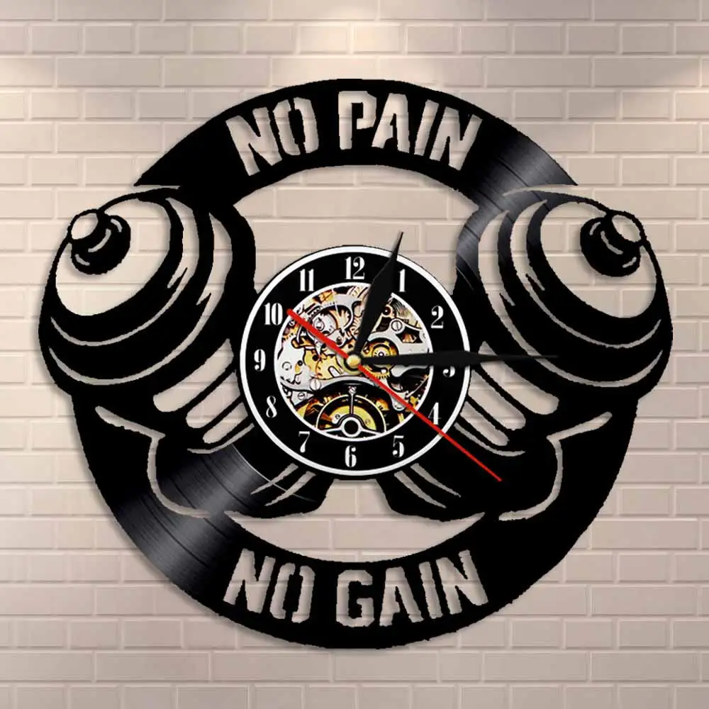 Workout Dumbbell Wall Clock No Pain Gain Cross fit Motivation GYM Fitness Sign Decor Vinyl Record Gift For Him | Дом и сад