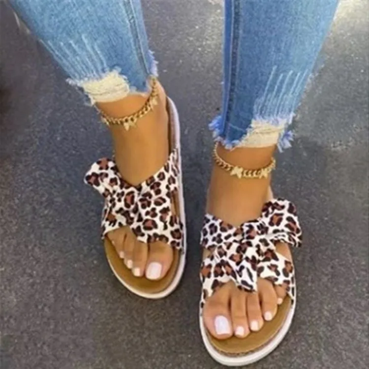 

Low Leopard Shoes Multicolored Sandals House Slippers Platform Big Size Butterfly-Knot Slipers Women Shale Female Beach Slides 2