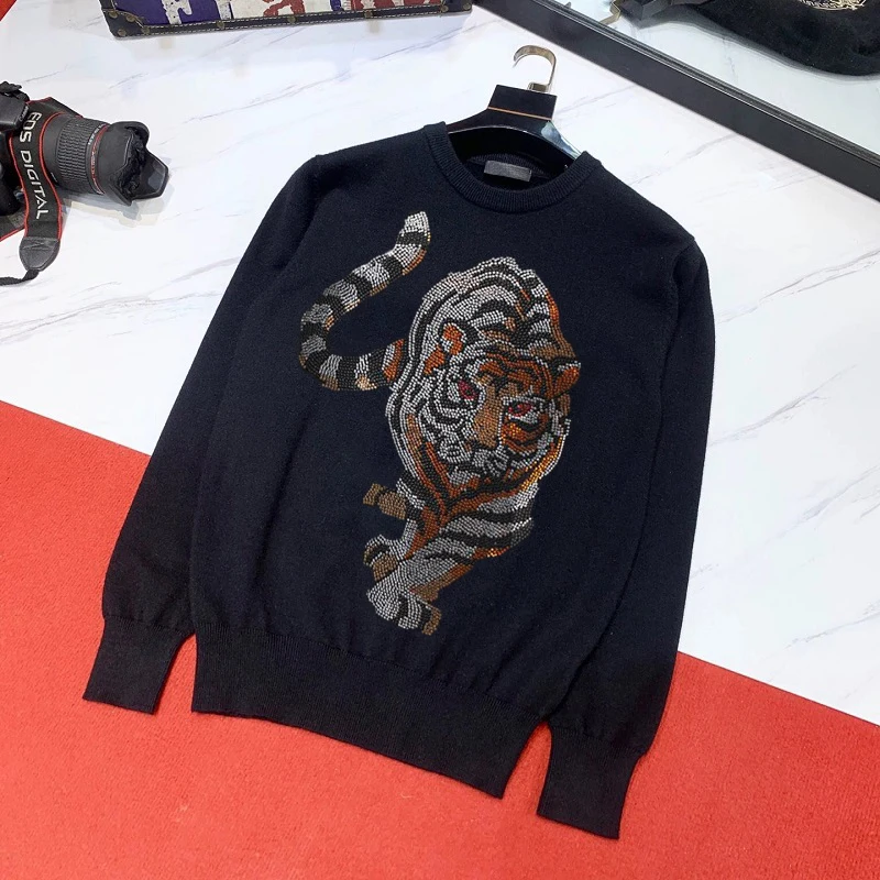 

Autumn And Winter New Diamond Men's Sweater Tiger Pattern Fashion Casual Long-Sleeved o-Neck Pullover Warm Slim Top
