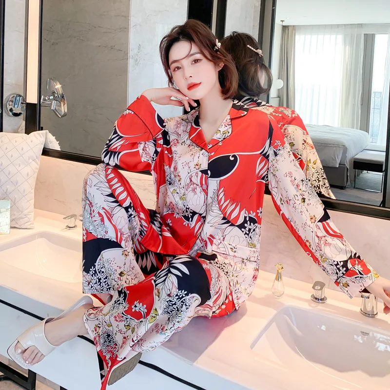 QWEEK Silk Like Pajamas for Women Chinese Style Pijamas Autumn 2 Piece Set Cartoon Print Sleepwear Loungewear Pyjamas Female Pjs
