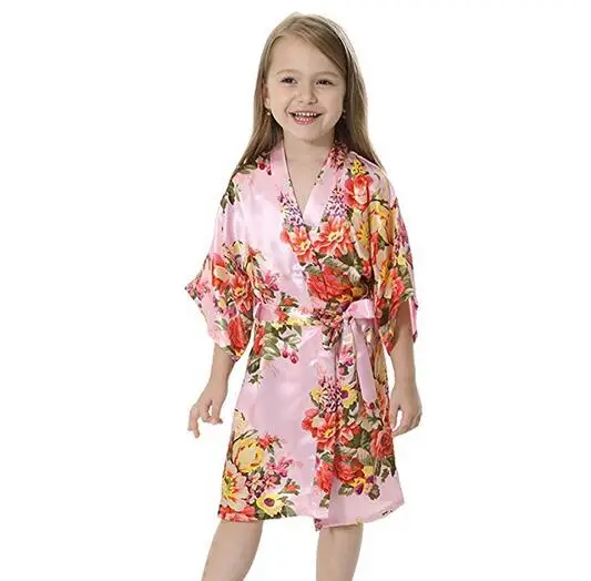 Flower Girl Kids Floral Silk Child Kimono Bridesmaid Bride Robe Women Satin Robes Wedding Nightgown Woman Bathrobe 4/8/12 Size