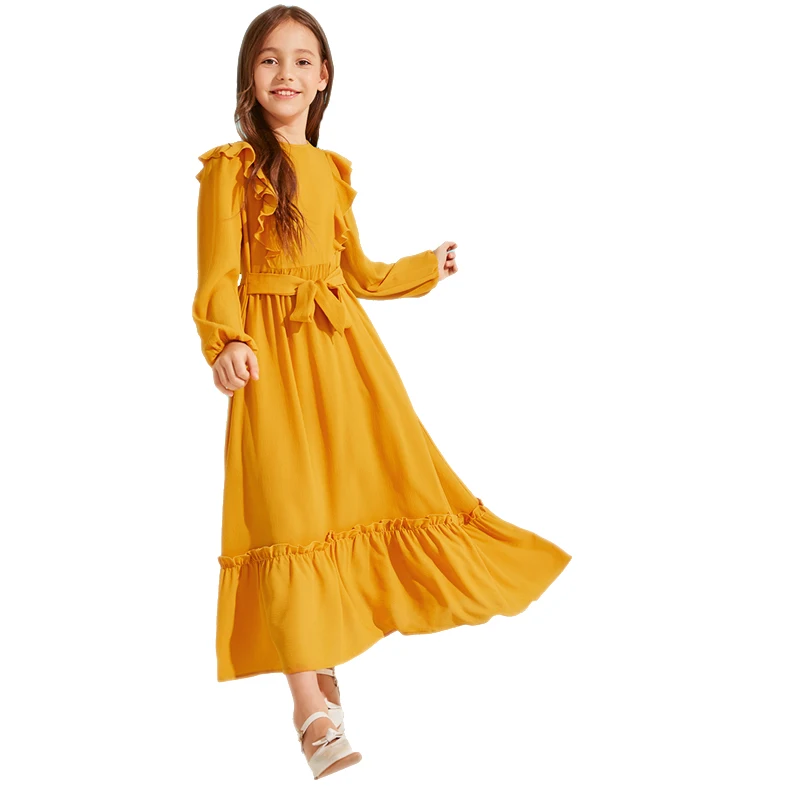 SHEIN Kiddie/однотонное платье с оборками на подоле для девочек с поясом; коллекция года; сезон осень; милые детские макси платья с высокой талией на молнии сзади