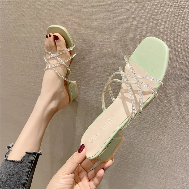 

Shoes Slippers Casual Low Slipers Women Square heel Glitter Slides Luxury Summer 2021 Block Jelly Fabric Rome Basic Fashion Scan