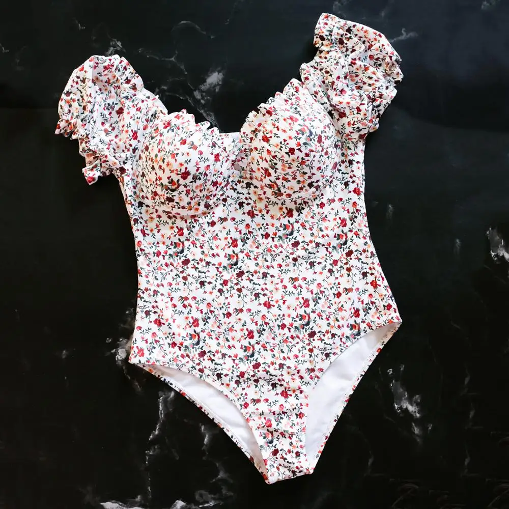 Сексуальный женский купальник пуш-ап с пышными рукавами белый цветочный Цельный