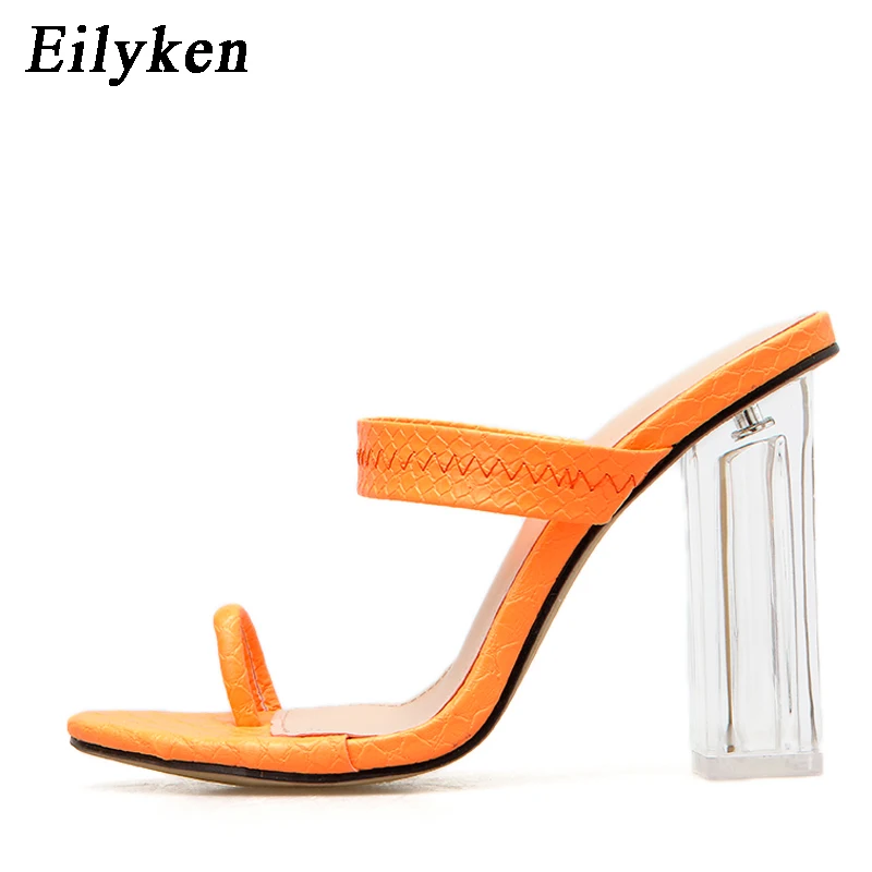 Orange Eilyken; модные флуоресцентные зеленые прозрачные женские шлепанцы на квадратном каблуке с кристаллами; босоножки на высоком каблуке; туфли-лодочки без задника с открытым носком - Цвет: Orange