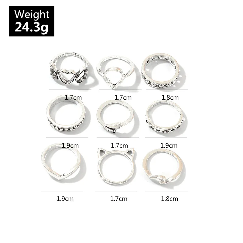 9 шт./компл. женские кольца модные волнистые сердца геометрические серебряные на