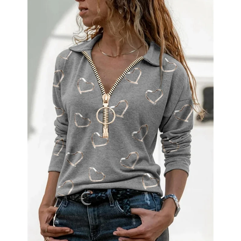 

Mandylandy T-shirt Spring and Autumn Fashion Long Sleeve V-neck Pullover T-shirt Tops Women's Casual Printed Loose Zip T-shirt