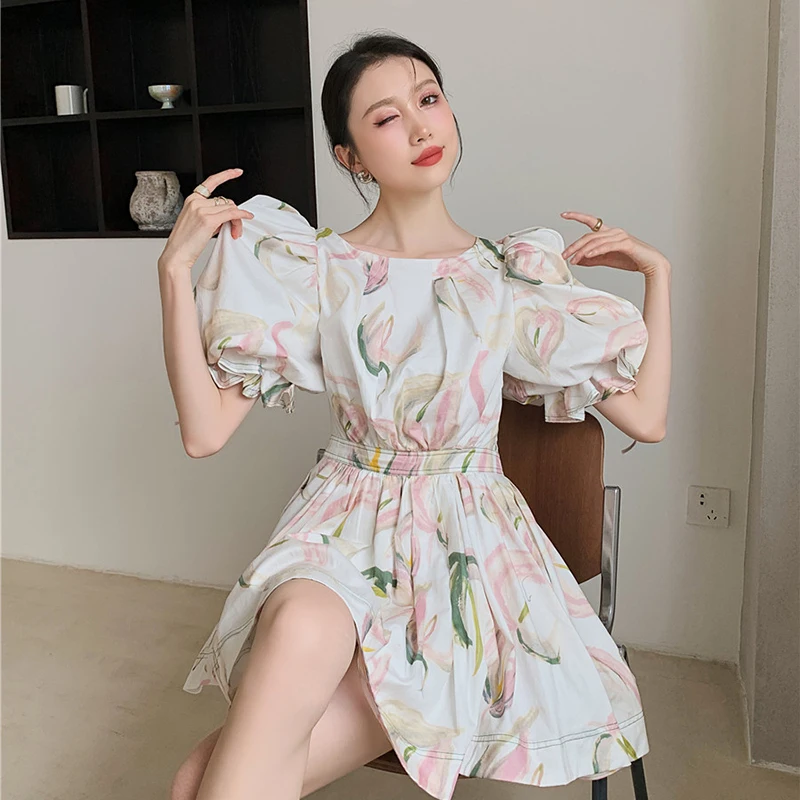 

XIZIHUPAN Sweet Print Dress For Women O Neck Puff Short Sleeve High Waist Backless Ruched A Line Mini Dresses Females 2021 Style