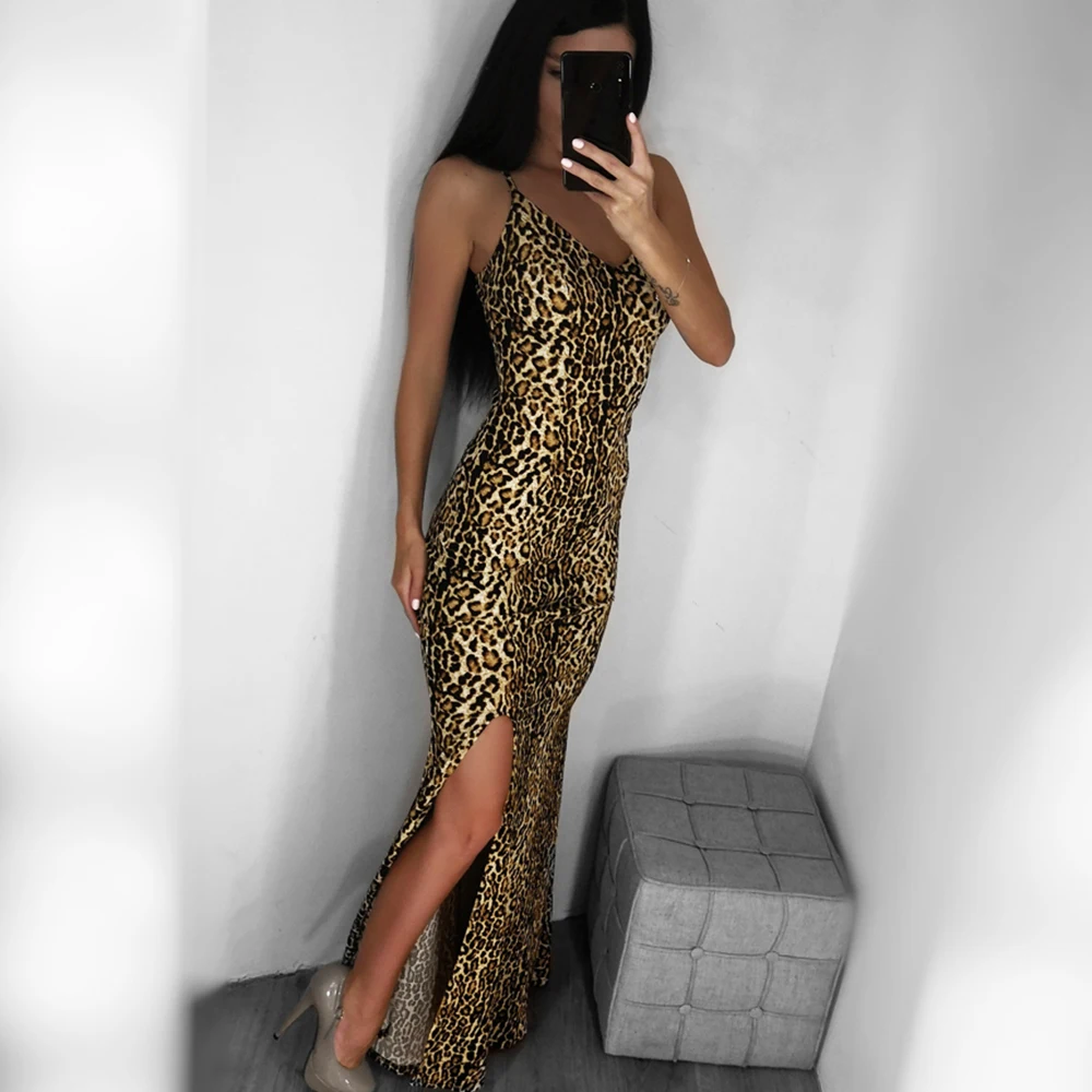 

Sexy Slim Leopard V Neck Cocktail Evening Backless Spaghetti Strap Split Bodycon Party Prom Maxi Dress Summer Women