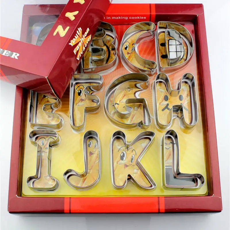 Large Size 26 English Letters Alphabet Cookie Cutters Set Gift Package Fondant Cake Mold Stainless Steel DIY Biscuit Baking Tool