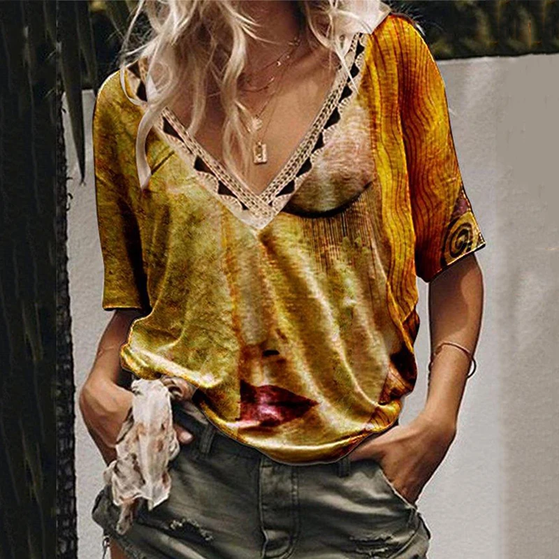 

V Neck Short Sleeve Tshirt Women's Summer Casual Oversize Print Shirt Tops Loose Vintage Female Tee Streetwear