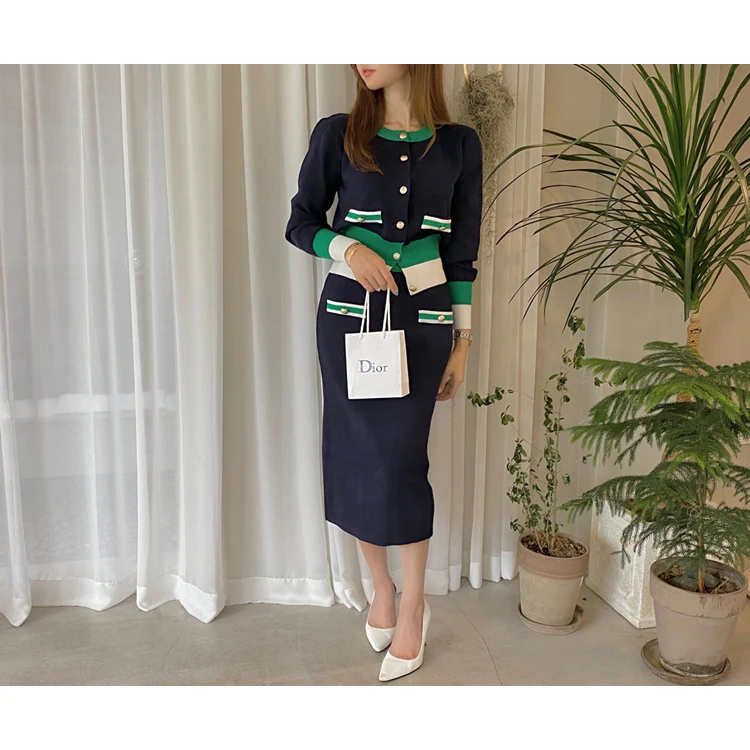 

vintage button up knitted sexy outfits 2 piece set women runway designer brand sweater cardigan and mini skirt