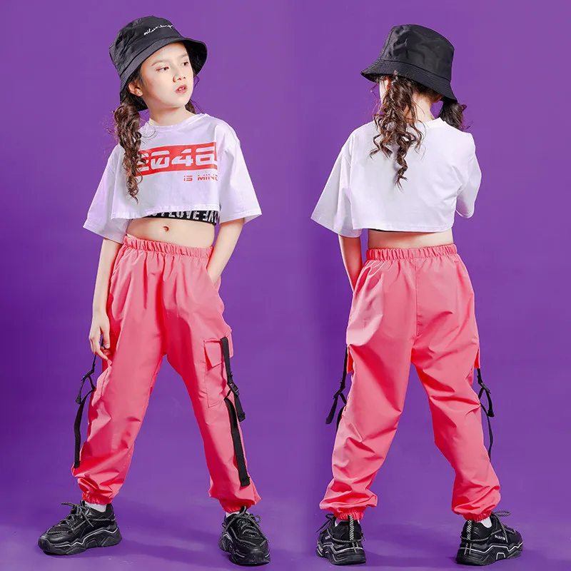 

Kids Fashion Hip Hop Clothing Mesh White T Shirt Short Sleeve Top Crop Pocket Pants for Girls Jazz Dance Costume Clothes Wear