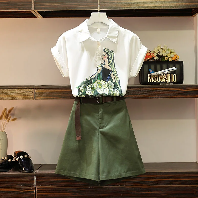 

One / two piece Summer Short Sleeve Chiffon shirt top short pants women's wear Korean loose and slim large size suit
