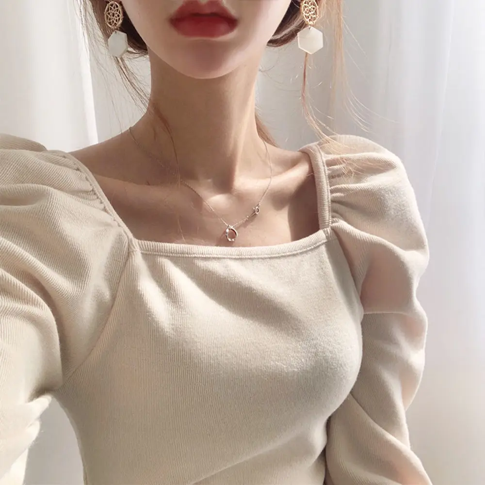 

Blouses Women Thick Fall Elegant Slim Square Collar Ladies Vintage Top All-match Trendy Popular Korean Girls Blusas Retro Shirts