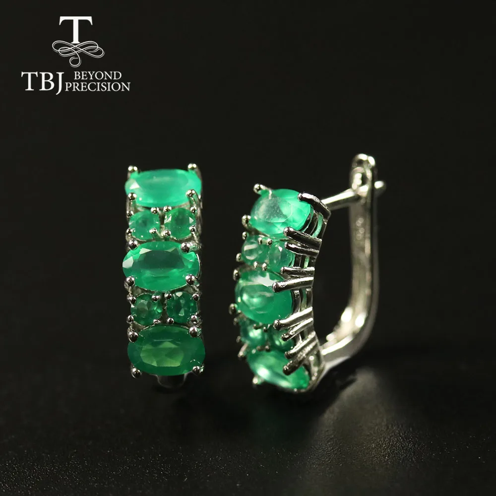 Серьги из серебра 925 пробы с натуральным драгоценным камнем и застежкой зеленого