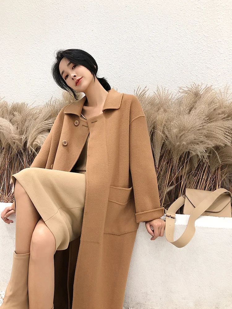 

Женское двустороннее кашемировое пальто Shzq, Корейская версия средней длины, Новая высококачественная одежда Хепберн на осень и зиму, 100% шер...