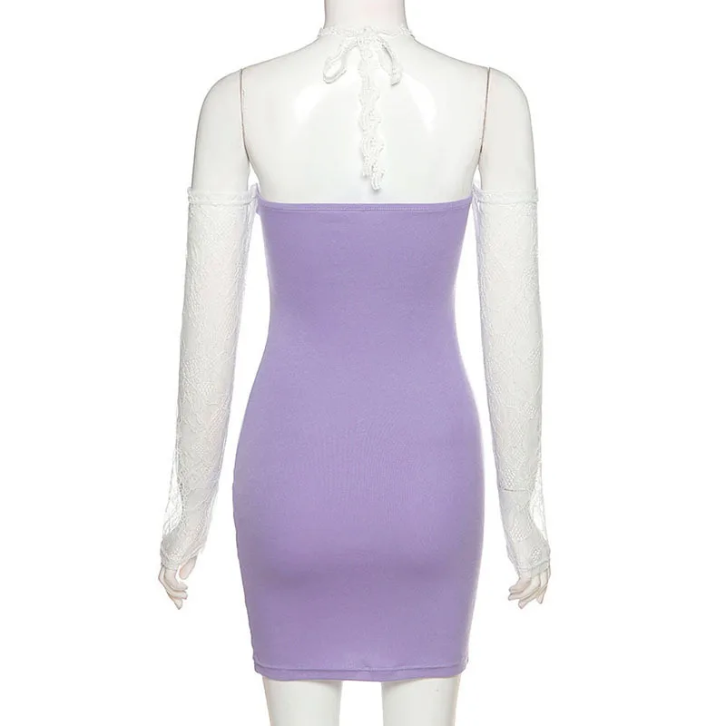 

2021 Winter Patchwork Lace Trim Cami Skinny Mini Dress Y2K Fashion Off Shoulder E-girl Party Prom Vestidos Outfits