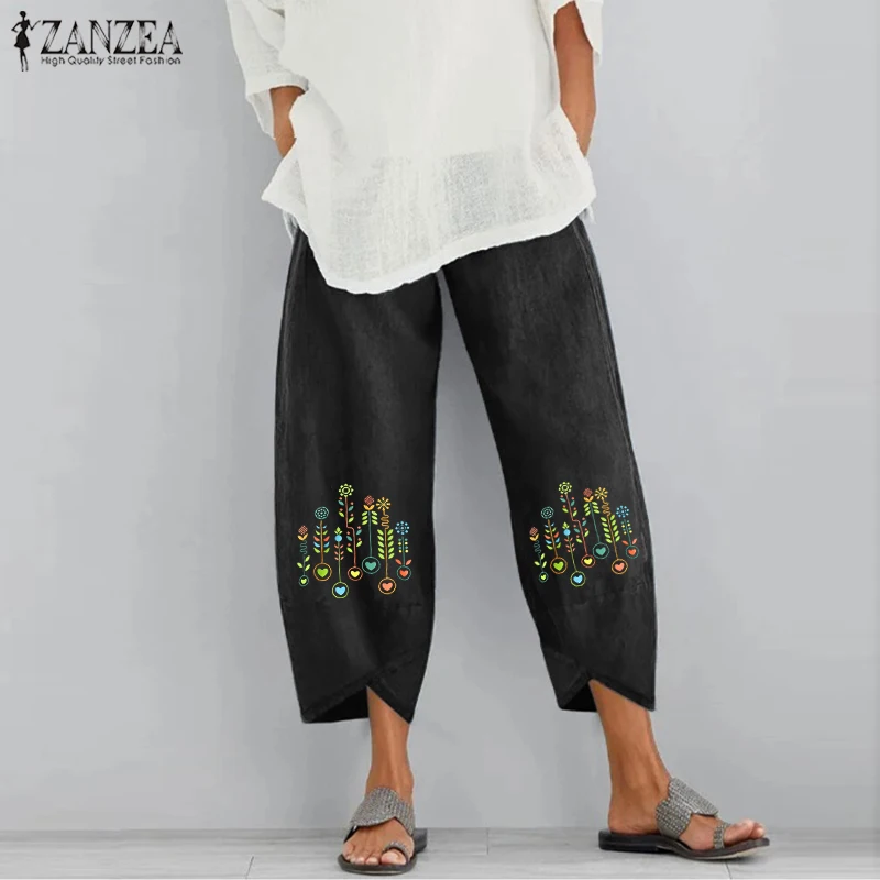 

Women's Long Pantalon Palazzo ZANZEA 2021 Kaftan Printed Autumn Trousers Casual Elastic Waist Harem Pants Turnip