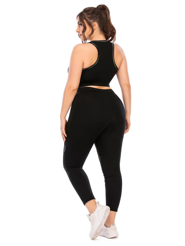

Black Leggings And Bra Top Set Women Plus Size Clothing Gym Workout Wear Fitness Pants High Waist Transparent Mesh Leggins Femme