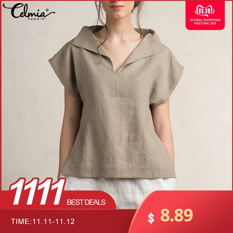 Винтажные льняные топы блузки для женщин лето 2020 v образный вырез короткий рукав