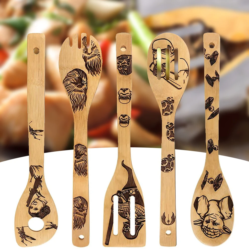 

5PCS/Set Halloween Bamboo Wood Wok Shovels Slotted Spatula Spoon Mixing Holder Cooking Utensils Dinner Kitchen Shovels Supplies