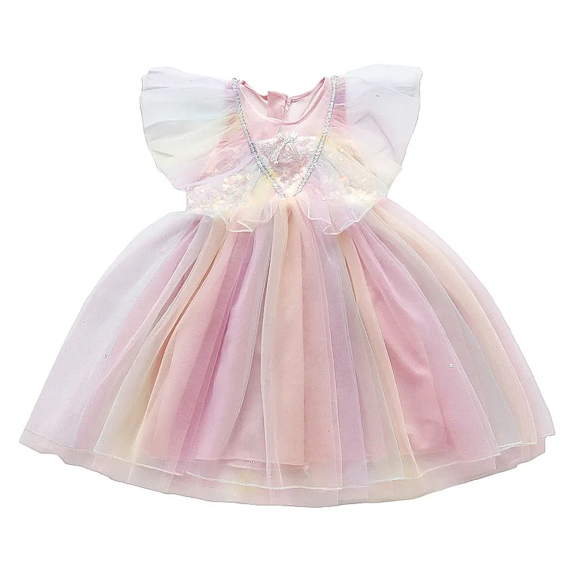 

HYLKIDHUOSE Summer Girls Dress Children Casual Dress Fashion Lace Rainbow Sequins Princess Dress Kids Vacation Party Clothes