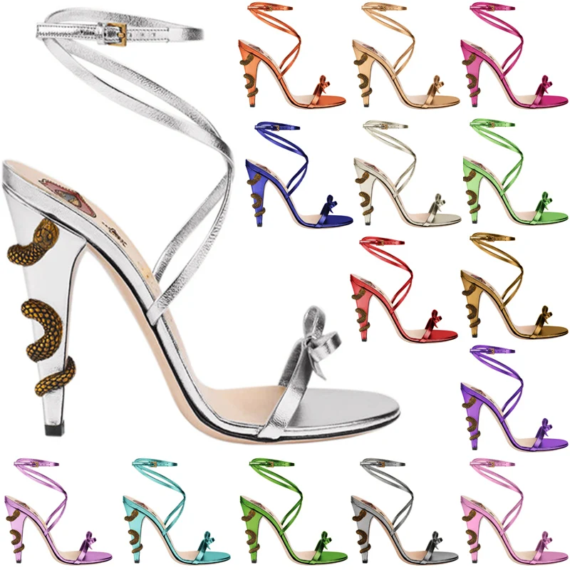 

Women Spike High Heels Sexy Sandals Snake Evening Party Bowknot Shoes Buckle Ankle Strap Bridals Ball Summer Lady Sandals C-SL-1