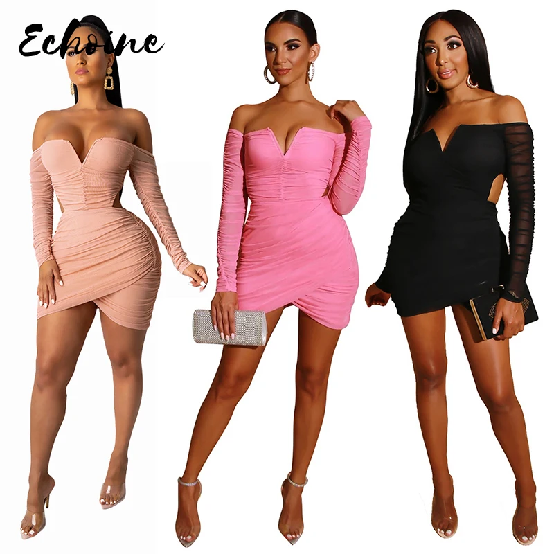 Сексуальное облегающее платье без бретелек с V образным вырезом длинным рукавом