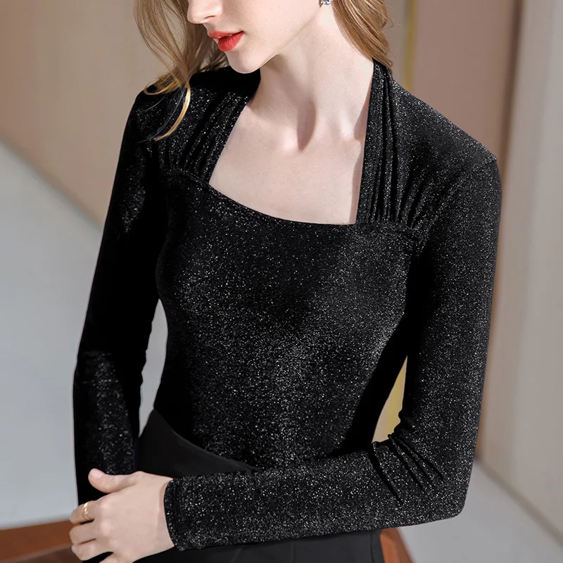 

Long sleeve T-shirt women's autumn foreign style small shirt French flash silk square collar design