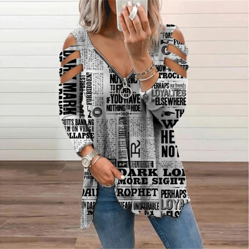 

Fashion Newspaper Print T-Shirt Women's Clothing 2021 Autumn New Street Casual Tee Shirt Ladie Zipper Vneck Tops Oversized Tunic